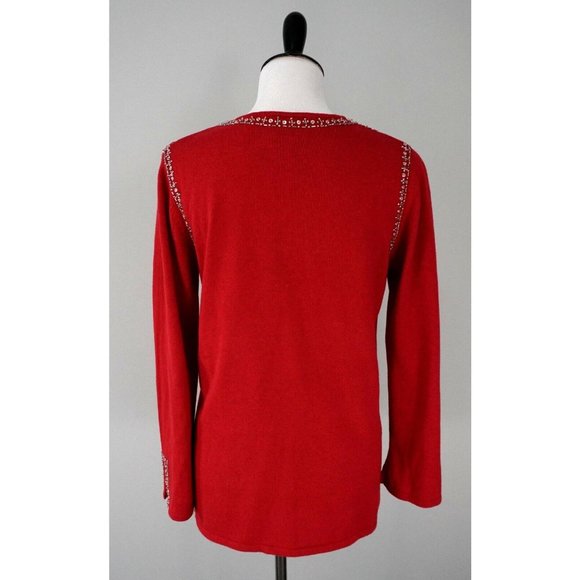 QUACKER FACTORY Red White Beaded Pearl Floral Sweater Size XS - Picture 4 of 5